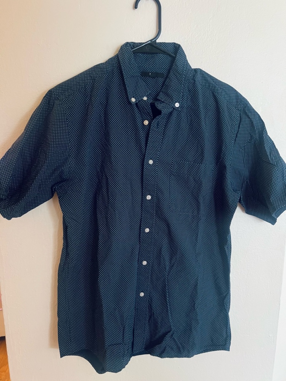 Uniqlo Navy Short-Sleeve Button-Down with White Micro Dot Print